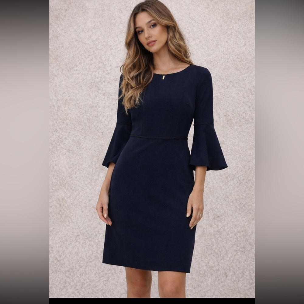 Tommy Hilfiger Navy Bell Sleeve Dress Size 6 Classic A-Line Knee Length